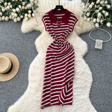 Korean Chic Summer Dress Niche Retro Polo Collar Short-Sleeved Striped Dress Female Waist Temperament Open Long Dress