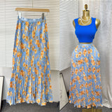 New Tight Waist High Waist Crums Sweet A-Shaped Skirt Women's Long Print 100-Fold Skirt