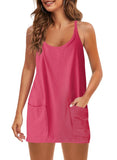 2025 Summer Solid Sleeveless Dress Fine Shoulder Strap Vest Skirt Sports Skirt Pocket