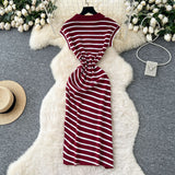 Korean Chic Summer Dress Niche Retro Polo Collar Short-Sleeved Striped Dress Female Waist Temperament Open Long Dress