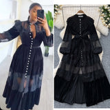 Court-Style Dress Women's French Retro Fashion Collar Pearl Single Buckle Lace Splicing Velvet Swoon Long Dress