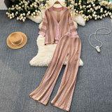 Women's Summer V-Neck Loose Knitted Cardigan Top + Broad Leg Trousers Set With Striped Hollow Set