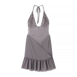 Ins2025 Summer New Sexy Hanging Neck Bare Back Lotus Leaf Side Dress Dress