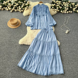 French Temperament Set Female Court Vintage Lace Spliced Lantern Sleeve Single-Button Shirt High-Waisted Skirt