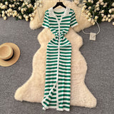 Korean Chic Vintage Collar Single Buckle Began Striped Knitted Dress Female Thin Dress
