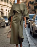 2025 Women's Fashion Temperament Elegant Solid Color Waist Dress Casual Bat Sleeve Dress