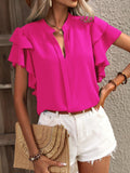 2025 Women's Summer New V-Neck Casual Double-Layer Lotus Leaf Sleeve Solid Shirt Top