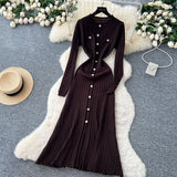 French Small Fragrant High-Grade Metal Buckle Waist Dress Women 2025 Autumn Thin Temperament Hollow Knitted Long Dress