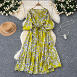 French Retro Fashion Print Dress Women Loose Strap To The Waist Thin A Word Big Pendulum Long Skirt