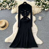 Small Fragrant Elegant Collar Long Sleeve Metal Buckle Waist Knitted Dress Autumn Thin Long Dress