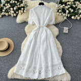 2025 Summer Women's Dress Small High-End Embroidery Single Buckle Waist Elegant Knee Long Skirt