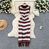 Goddess Fan Temperament Body-In-County-Necked Sleeveless Striped Knitted Dress Women's Summer Tight-Dled Ass Tuxedo Dress