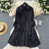 Korean Version Of High-End Sense Polo Collar Shirt Women Autumn Three-Dimensional Flowers Loose Irregular Folding Tail Design Top