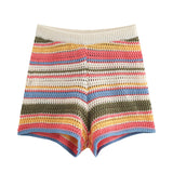 Women's 2025 New Crochet POLO Shirt Collar Striped Crochet Shorts Set
