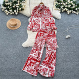 Lightly Familiar Wind Wearing A Female Fashionable Loose-Fitting Long-Sleeved Printed Shirt + High-Waisted Casual Broad-Legged Trousers Set