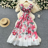 French Elegant Dress Women's Summer Famous High-End Feel Lotle Side V-Neck Waist Thin Print Large Swing Dress