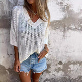 Special For The New T-Shirt Women's Hollow Long-Sleeved Knitted Shirt Languid Style Design V Collar Sunscreen Sexy Wind