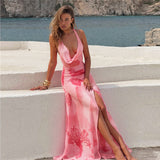 2025 Summer New Women's Sexy Hanging Neck T-Shirt With Printed Perspective To Repair The Fork Dress