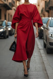 2025 Women's Fashion Temperament Elegant Solid Color Waist Dress Casual Bat Sleeve Dress