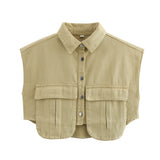 10 Color Women's Clothing 2025 Spring Solid Color Big Pocket Sleeveless Polo Collared Denim Shirt Blouse