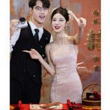 New Chinese Champagne-Colored Engagement Cheongsam Toast Bridal Fishtail Dress Beautiful Registration Certificate Wedding Dress