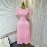 Summer New Elegant Round Neck Nails Hollow Slimming Temperament Short-Sleeved Knitted Dress Woman