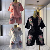 Fashion Set European Dress Design Butterfly Set Drill Short Sleeve T-Shirt Blouse Woman + Tight Waist Broad Leg Shorts Two Sets