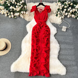 Banquet High-End High-End Light Luxury Small Frills Fold Three-Dimensional Lotus Leaf Side Of The Long Temperament Dress Woman