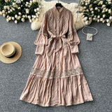 French High-End Retro Lace Splicing Pearl Single Buckle Thin Temperament Collar Lantern Sleeve Dress