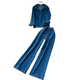 Light-Cooked Wind High-End Retro Lapel Long-Sleeved Cowboy Topess 2025 Autumn Dress High-Waisted Casual Broad-Legged Straight Trousers