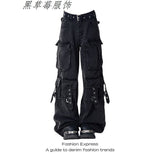 Vibe High Street Multi-Pocket Black Work Clothes Jeans Women 2025 New High-Waisted Loose Broad-Legged Trousers