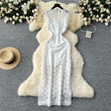 Vintage Light Luxury High-End Sleeveless Dress Female Summer Mesh Yarn Hollow Hook Open Fork Design Long Dress
