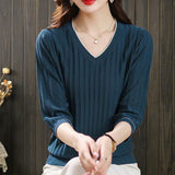 V-Neck Seven-Sleeved T-Shirt Women's Mid-Sleeve Top Ice Knitted Shirt Thin Mother Spring T-Shirt Elegant