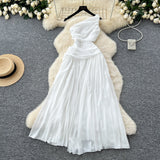 2025 Spring New French Atmosphere Temperament Hollow Exposed Waist Thin Shoulder Irregular Chiffon Dress Woman
