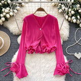 Long-Sleeved Shirt Women Spring And Autumn New Three-Dimensional Lotus Edge V Collar Folded Horns Short Top Lady