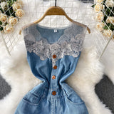 Vintage Lace Splicing V-Neckless Denim Dress Women's Summer Senior Feeling Lanky Dress