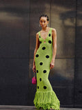 2025 Summer New Women's Personality Round Dot Knitted Long Tweed Sling Dress Woman