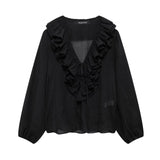 Z Early And Early Autumn New French Sweet V-Neck Thin Long-Sleeved Lotus Leaf Shirt Top 8544207