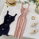 Knitted Dress 2025 New Summer Temperament Square Collar Slim Thin Buckle Sleeveless Vest Open Bottom Skirt