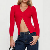 Summer T-Shirt Women's Knitted Sexy Hot Babes Bare Back Long Sleeve Cover Umbilly Short Bow Topess Female