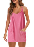 2025 Summer Solid Sleeveless Dress Fine Shoulder Strap Vest Skirt Sports Skirt Pocket