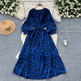 French Retro Niche Print Dress Woman 2025 Autumn Strap To The Waist Round Lantern Sleeves Thin Dress