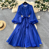 French Dress Woman Autumn 2025 Court Style Niche Collar Single Buckle Strap To Belt Lantern Sleeve Long Skirt