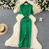 Elegant Little Scent Retro V-Neck Metal Single-D Row Buckle Slimming Temperament Knitted Dress Spring