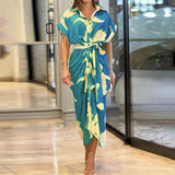 2025INS Women's Printed Collar Short Sleeve High-Waisted Long Shirt Dress