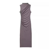 Women's Clothing 2025 Spring New Sleeveless Wrinkles Decorated Semi-High Collar Net Fan Flute Dress