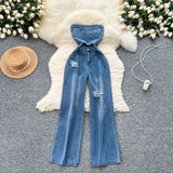 Hong Kong Flavor Chic Net Red New Design Heartless Sleeveless High-Rise Thin Hole Casual Denim Jumpsuit