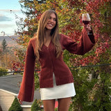 Autumn/Winter 2025 Fashion Casual Red V-Neck Collar Waist Sweater Knitted Cardigan