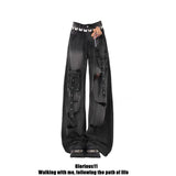 Black Multi-Pocket-Hole-Wear Jeans Women's Summer 2025 New High-Waist Design Wide-Legged Pants