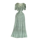 Summer Korean Ins Short Sleeve V-Neck Hepburn Style Temperament To Show Thin Dress Women's Waist Bag Hips Long Skirt Tide